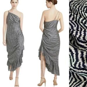 NWT Cinq a Sept Silk Christel Ruched One Shoulder White Navy Midi Dress Size 0